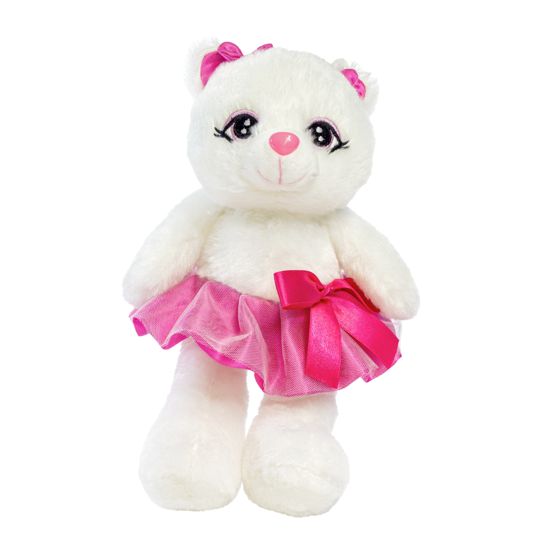 White plush toy with pink bow and skirt on a white background