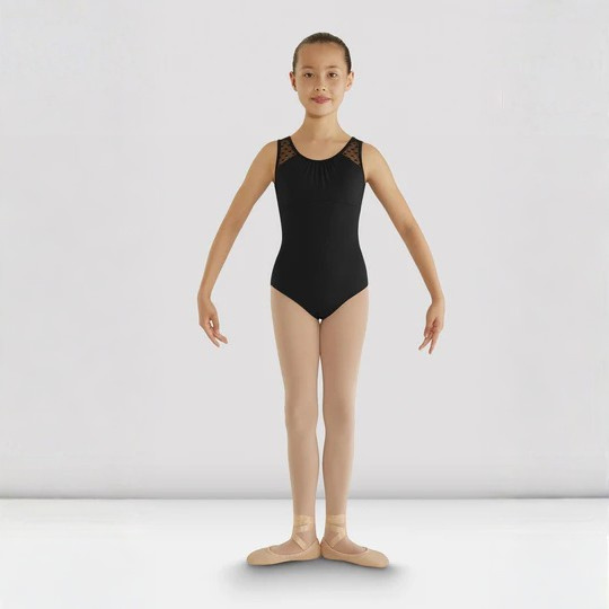 Bloch CL7905 girls black Miame Heart Mesh tank leotard. The tank straps in the front use a black mesh fabric with tiny hearts on it (front  view).