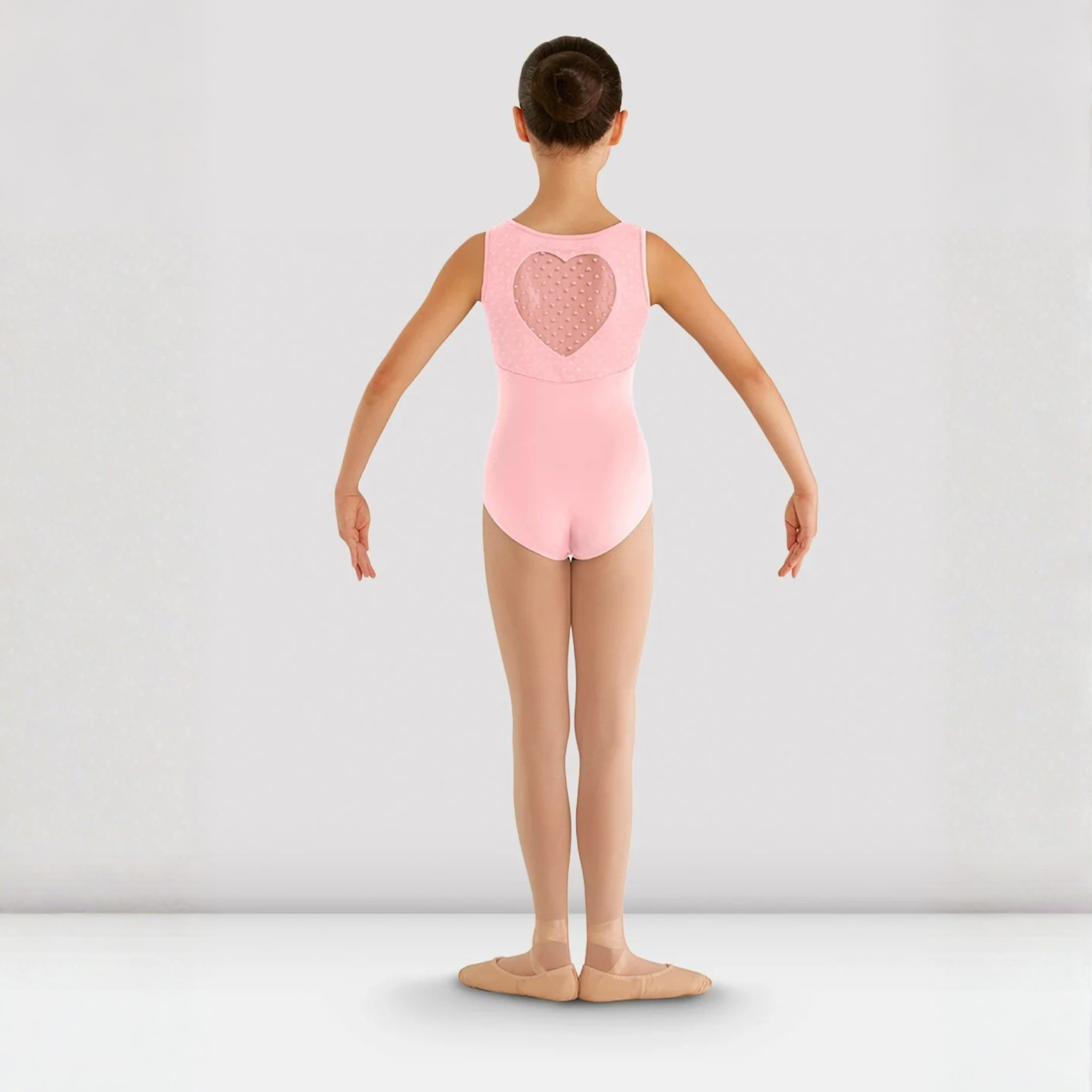 Bloch CL7905 girls candy pink Miame Heart Mesh tank leotard. It has a black mesh cut out heart on the black with mesh and candy pink hearts on the fabric (back  view).