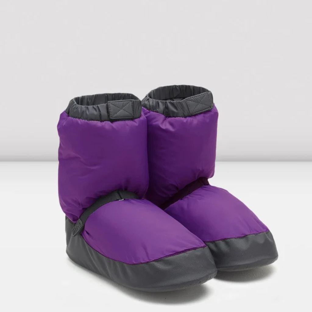 Bloch IM009 Adult Warm Up Booties, Purple Nylon, Velcro strap, rubber sole.