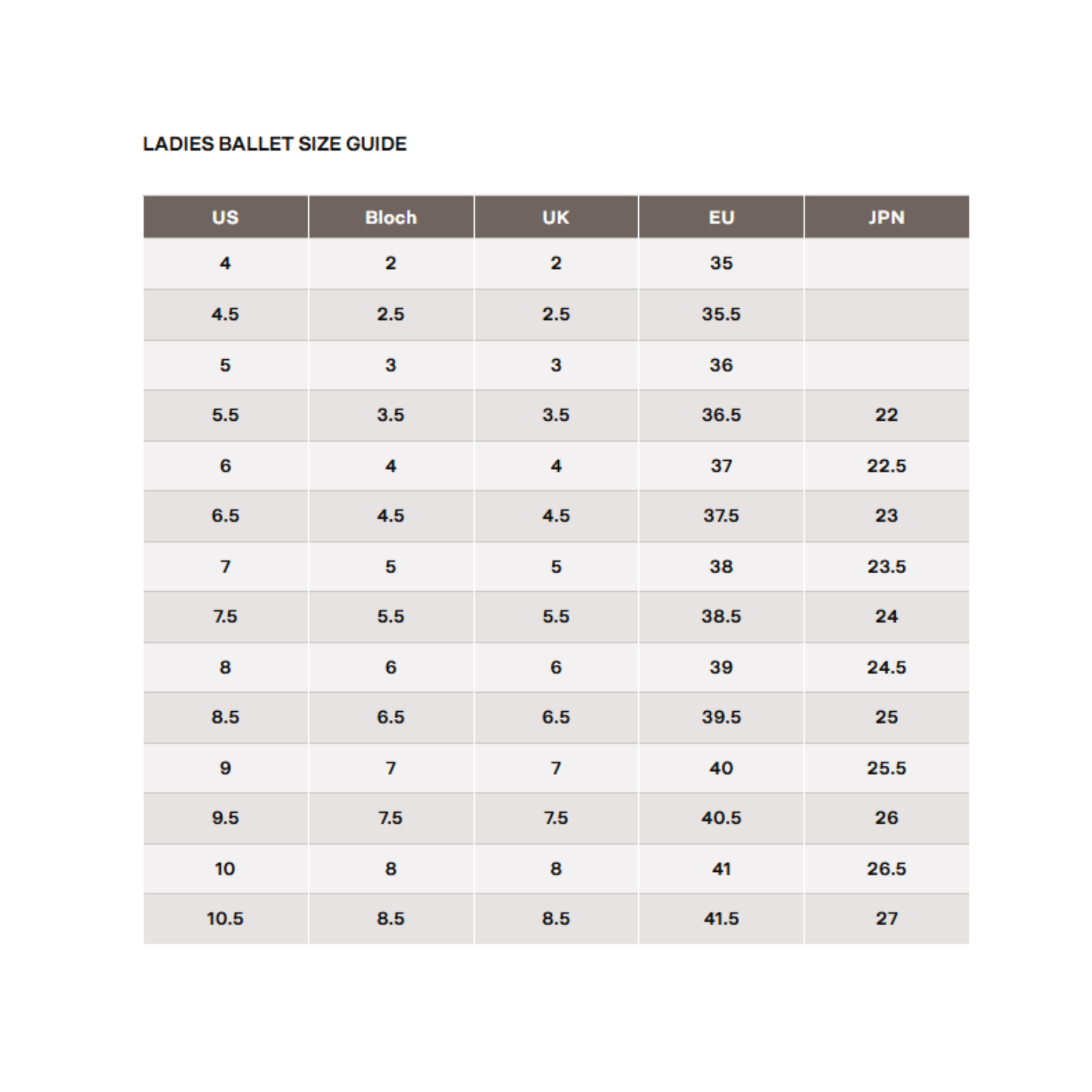 Bloch Ladies S0227L Shoes Size Chart
