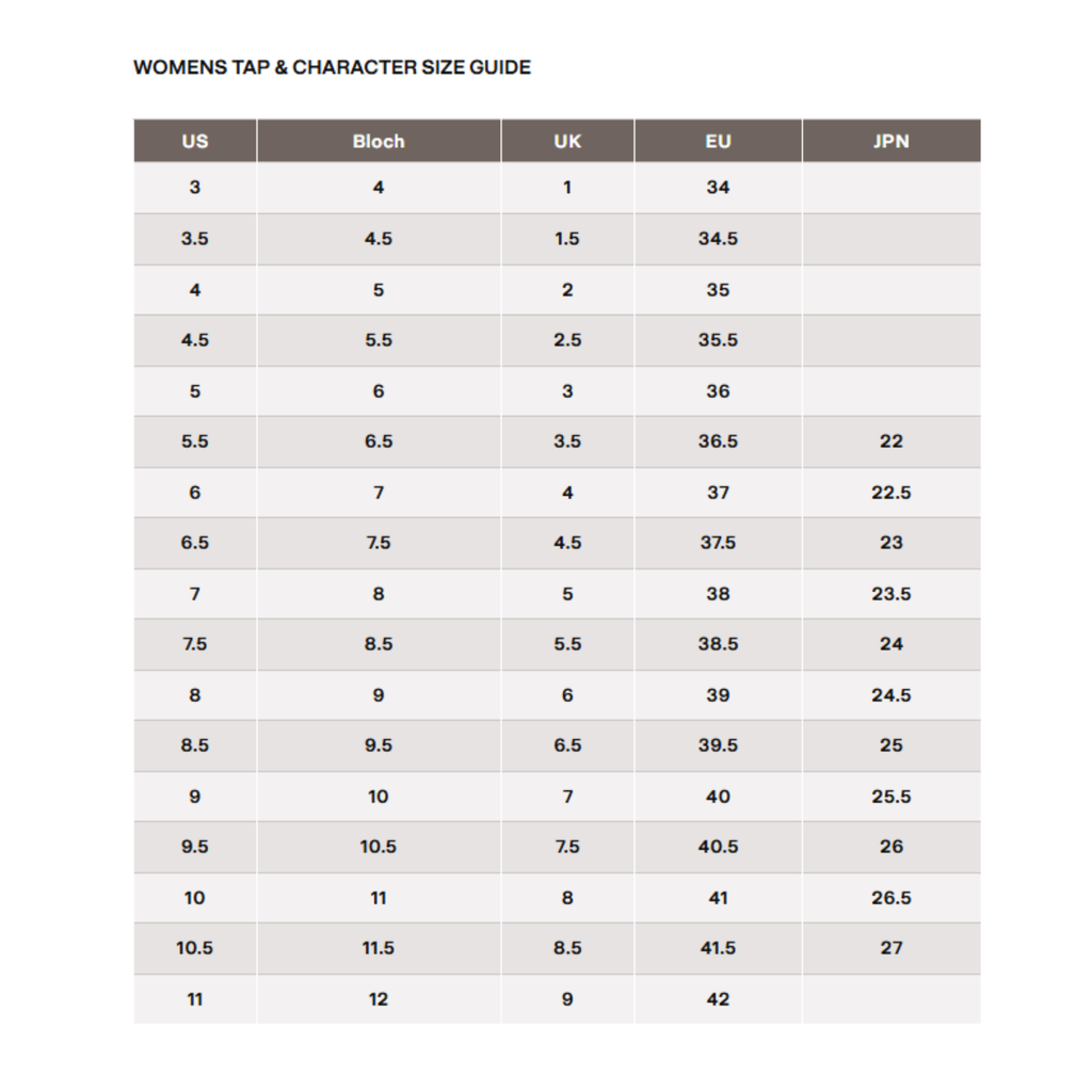 Bloch Womens Tap and Character Shoes Size Guide