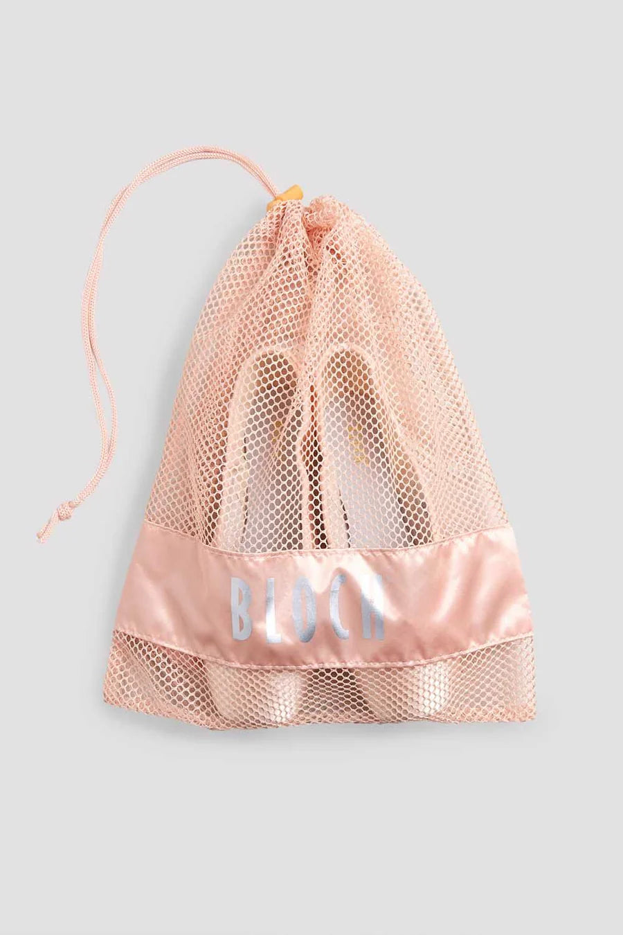 Pink mesh drawstring bag with BLOCH branding in light gray font and pointe shoe in bag as reference.