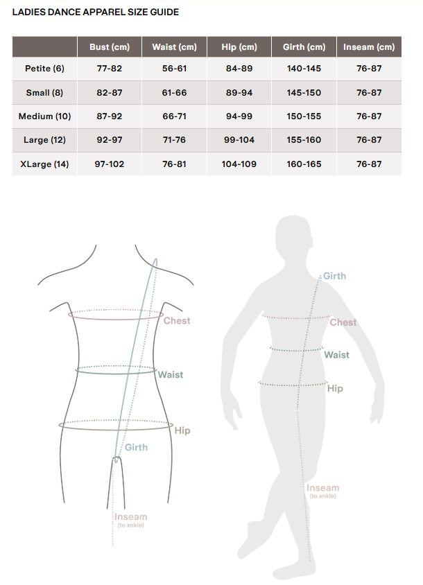 Ladies dance apparel size guide with measurements and silhouette illustrations.
