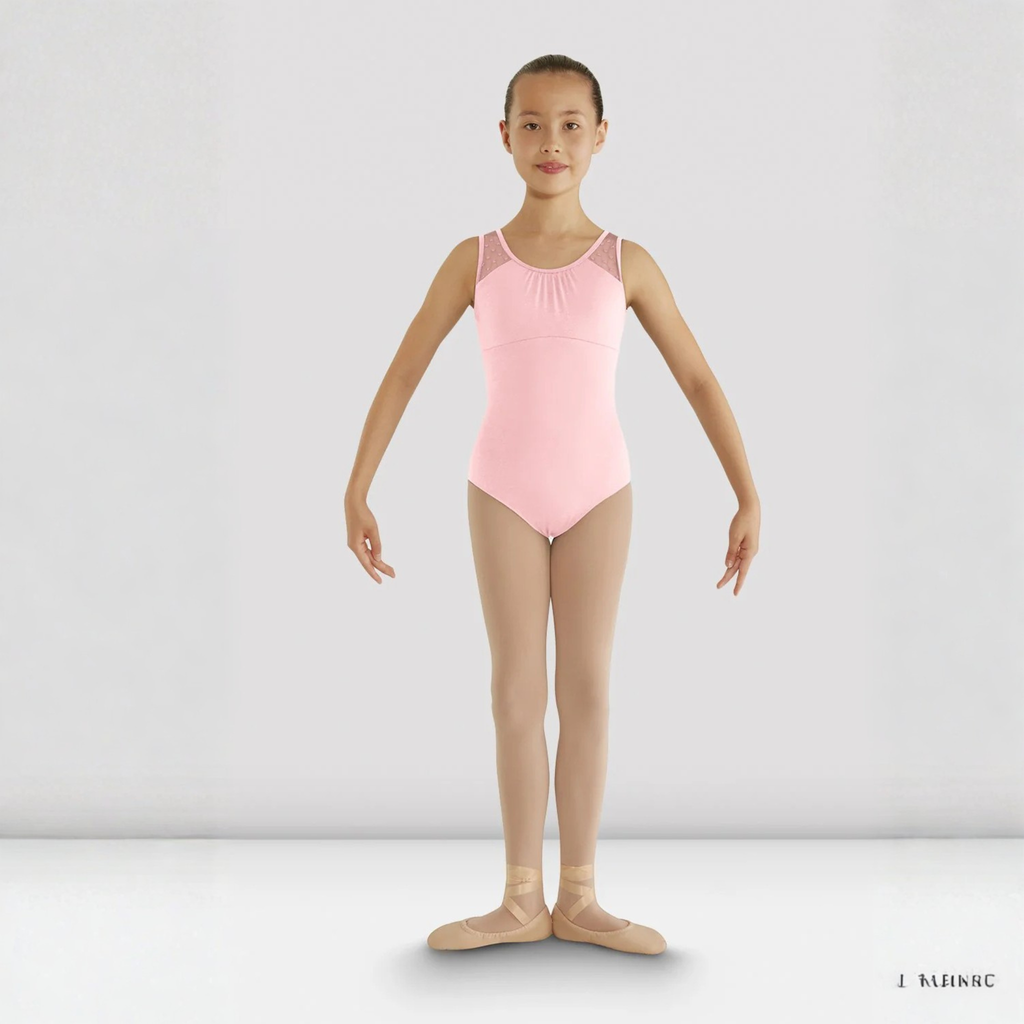 Bloch CL7905 girls candy pink Miame Heart Mesh tank leotard. The tank straps in the front use a candy pink mesh fabric with tiny hearts on it (front  view).