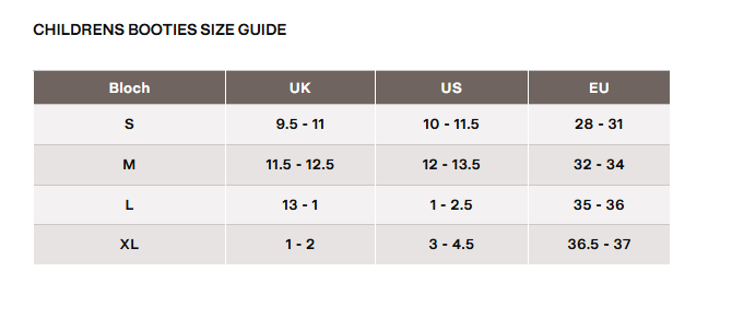 Children's booties size guide with Bloch brand name