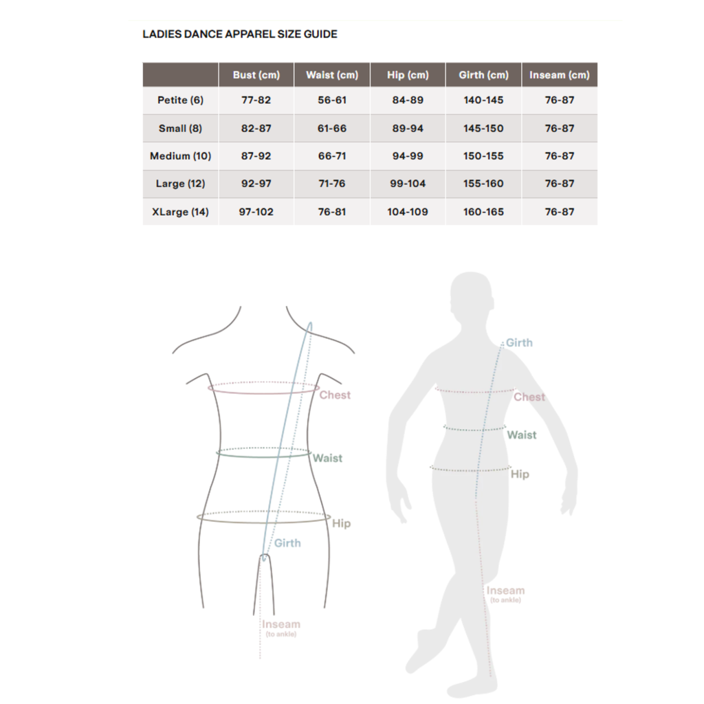Bloch Ladies Dance  Apparel Size Guide