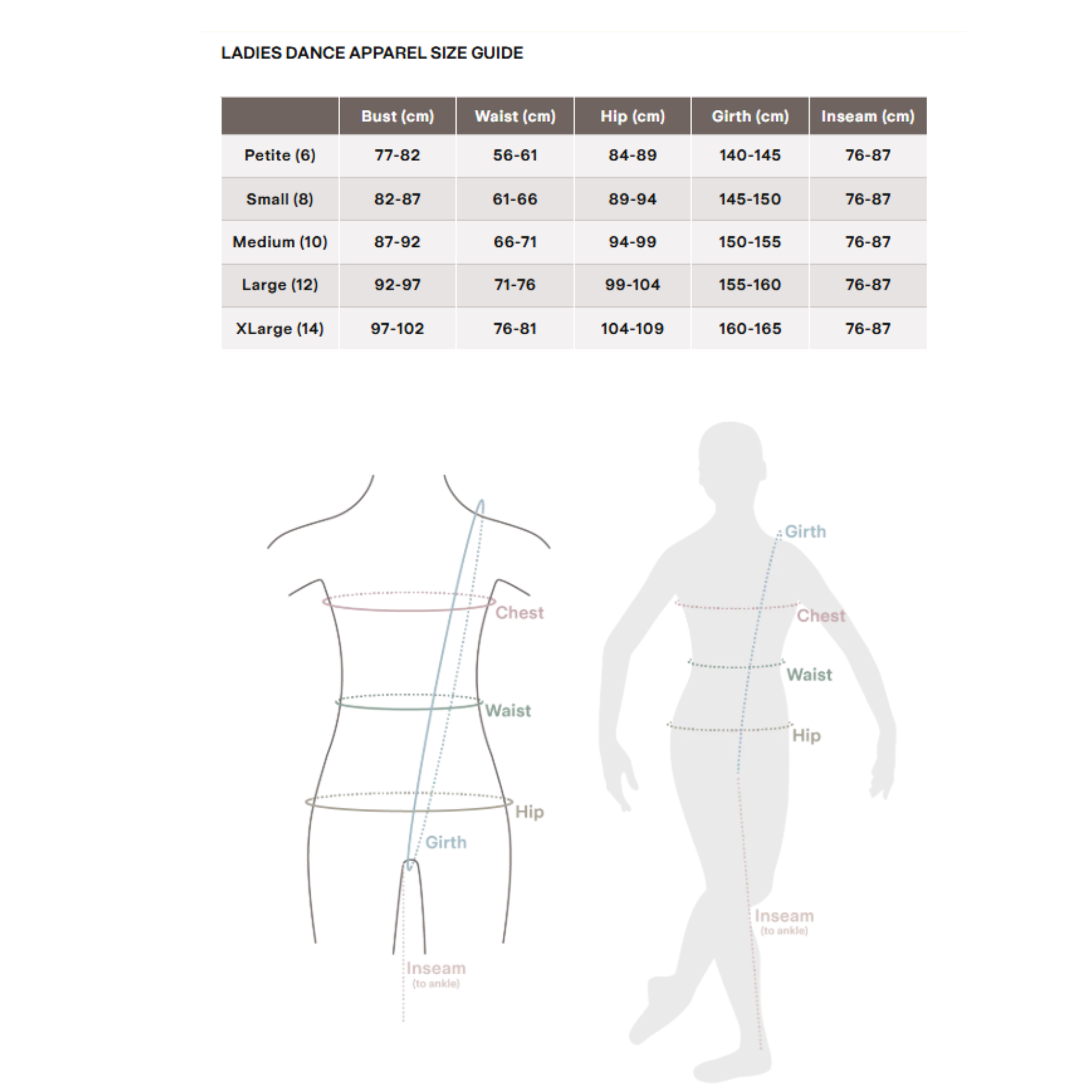 Bloch Ladies Dance  Apparel Size Guide