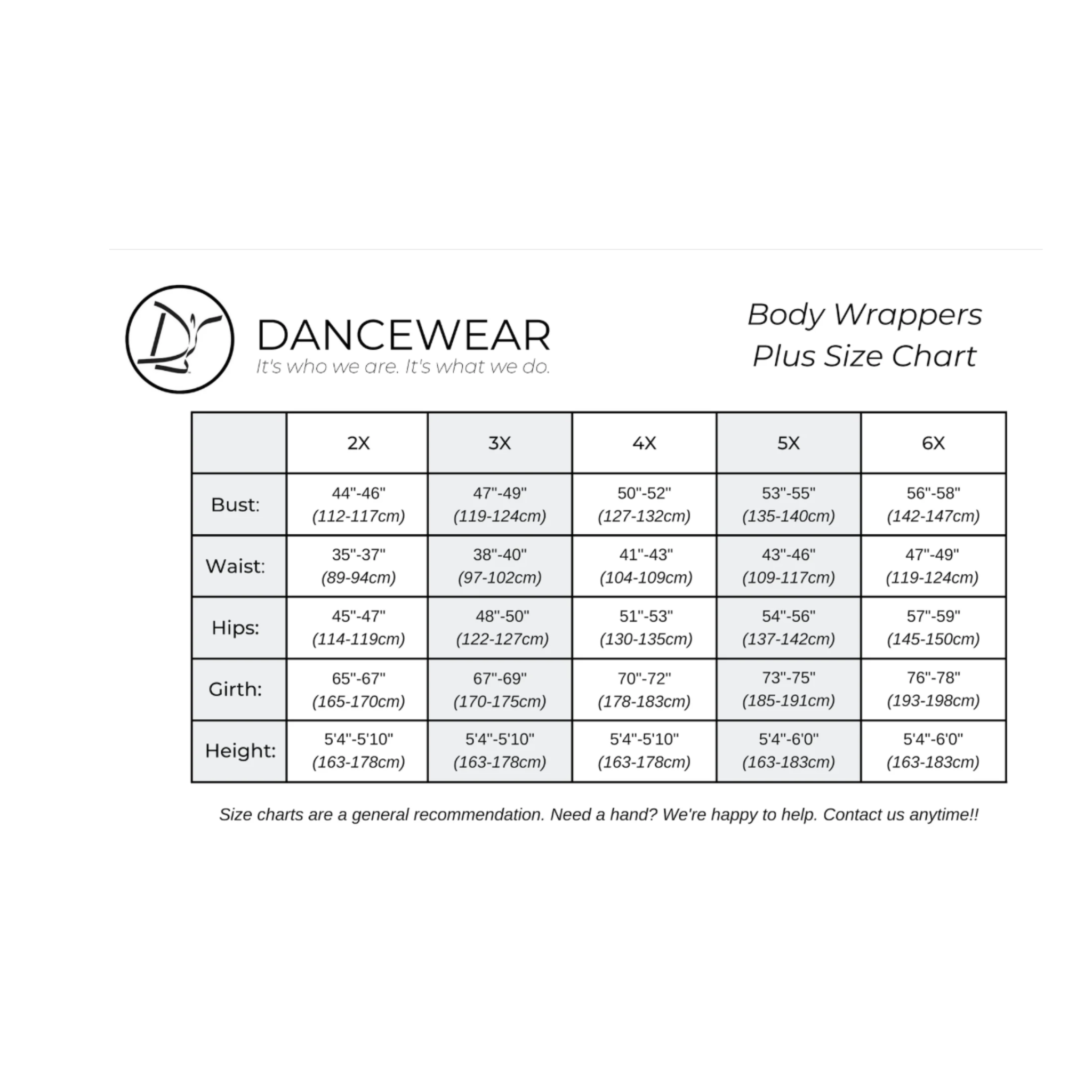 Body Wrappers Adult Plus Size Chart