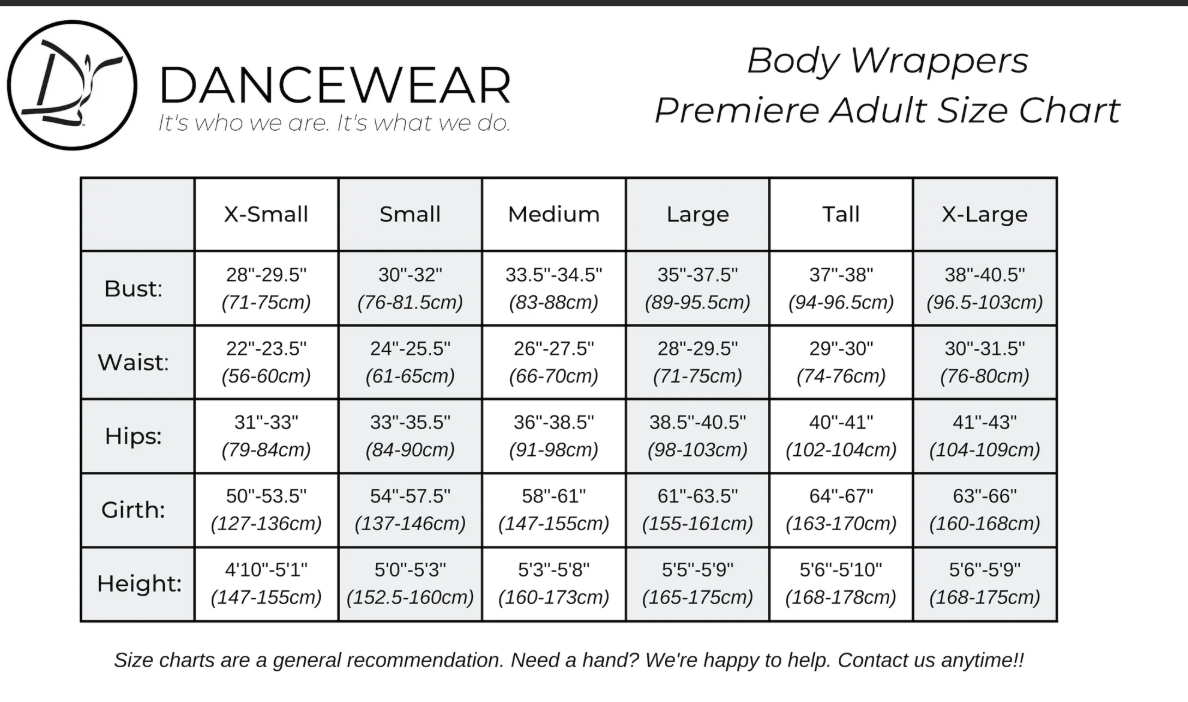 Dancewear body wrappers size chart for adults
