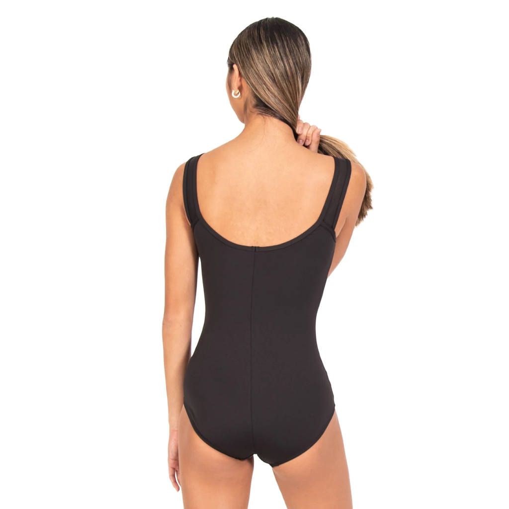 Woman wearing a black Tank Boatneck Leotard (back view) on a white background