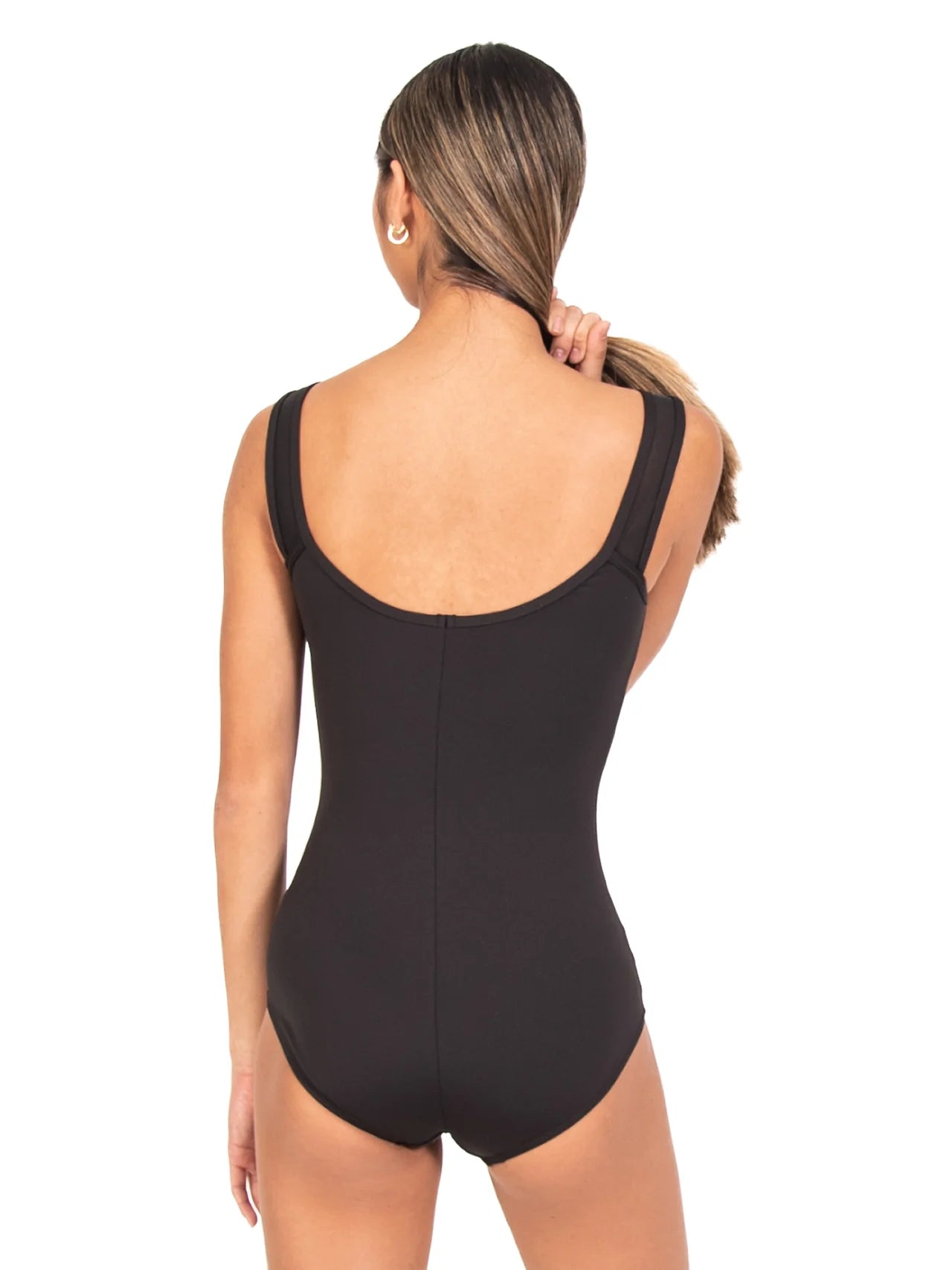 Woman wearing a black Tank Boatneck Leotard on a white background