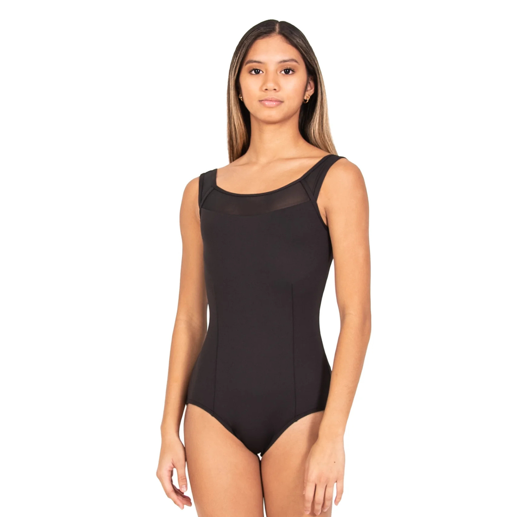 Woman wearing a black Tank Boatneck Leotard on a white background