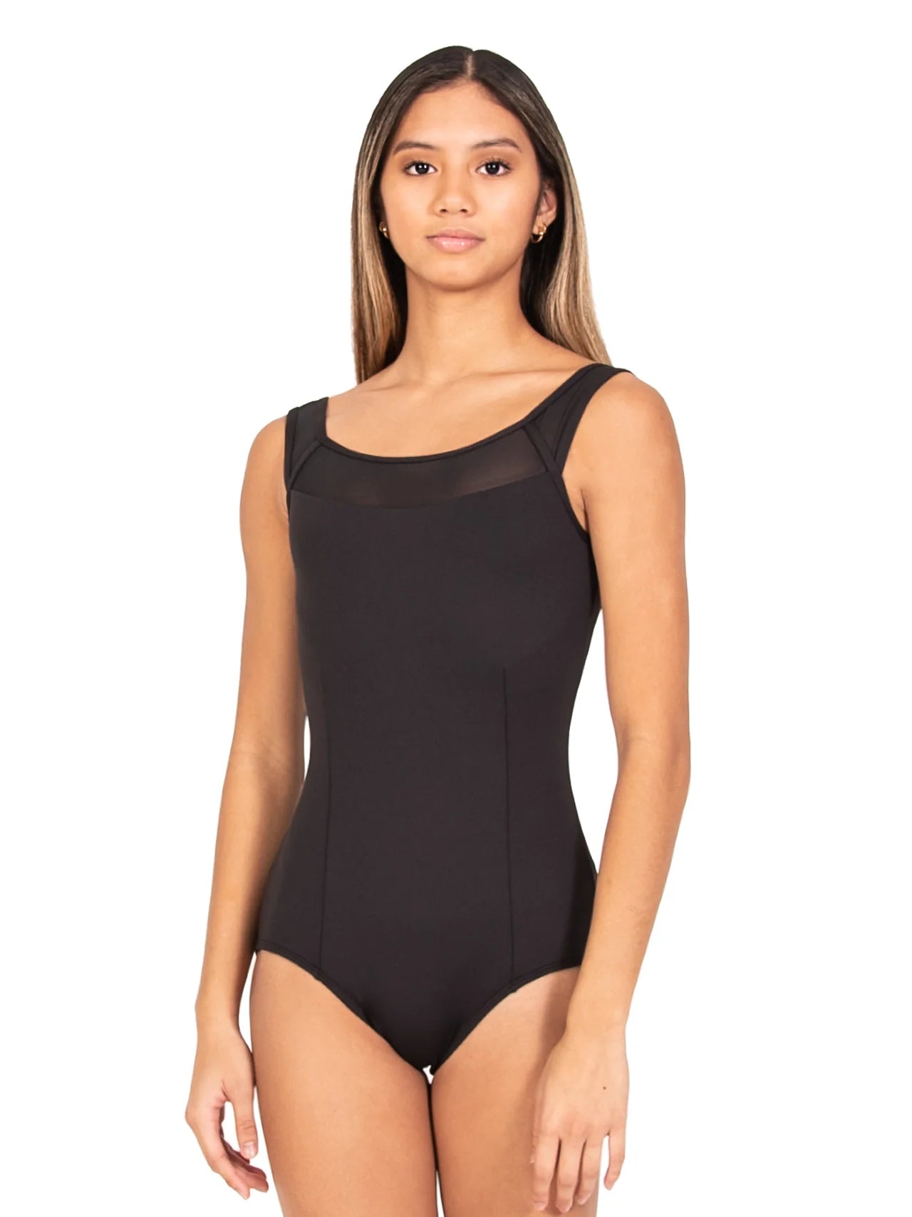 Woman wearing a black Tank Boatneck Leotard on a white background