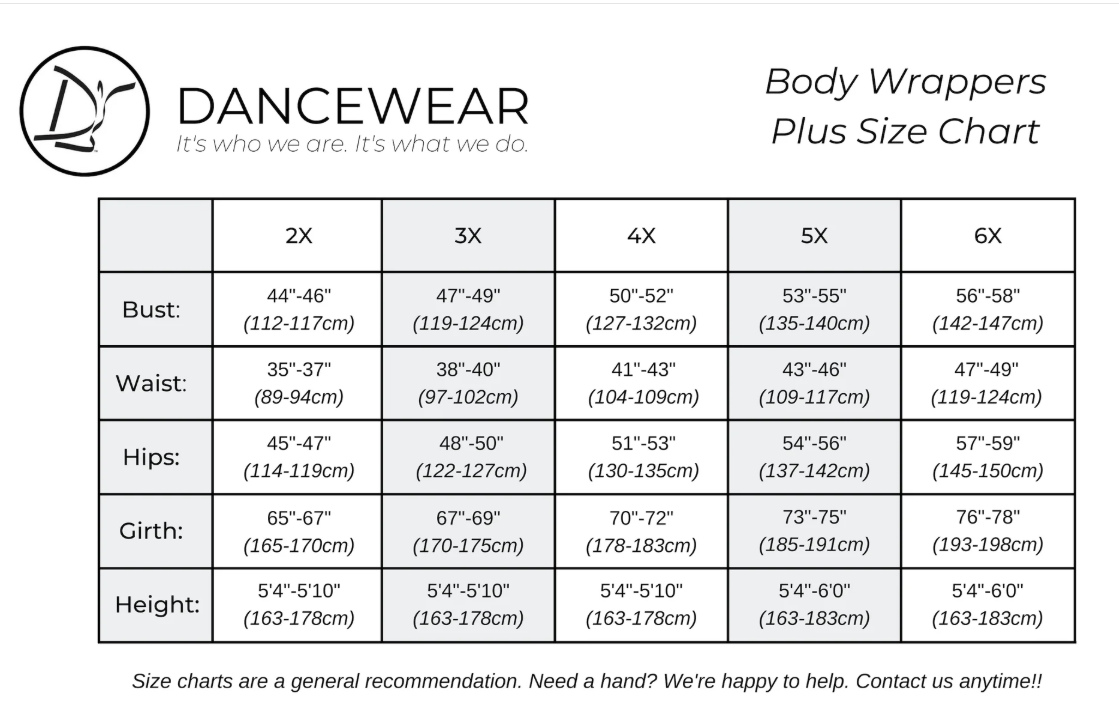 Dancewear brand body wrappers plus size chart on a white background