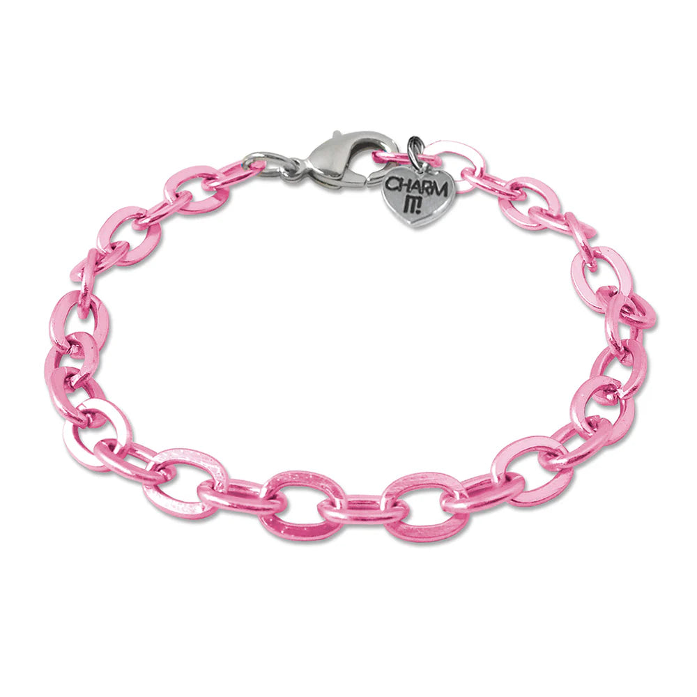 Pink chain bracelet with a heart-shaped charm.