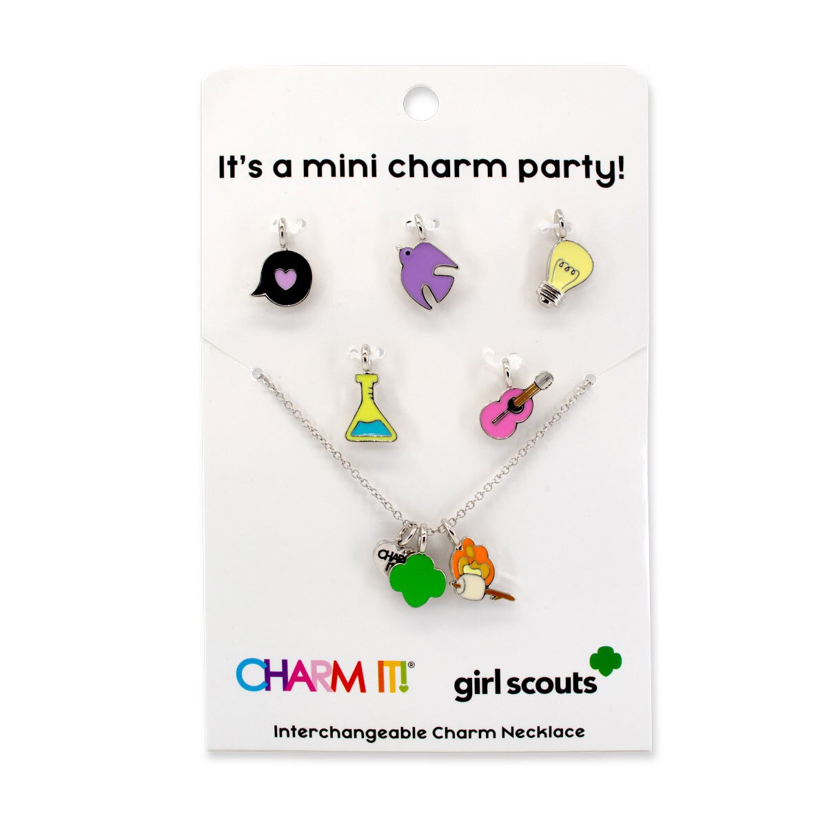 Girl Scouts interchangeable charm necklace set on packaging with colorful charms.