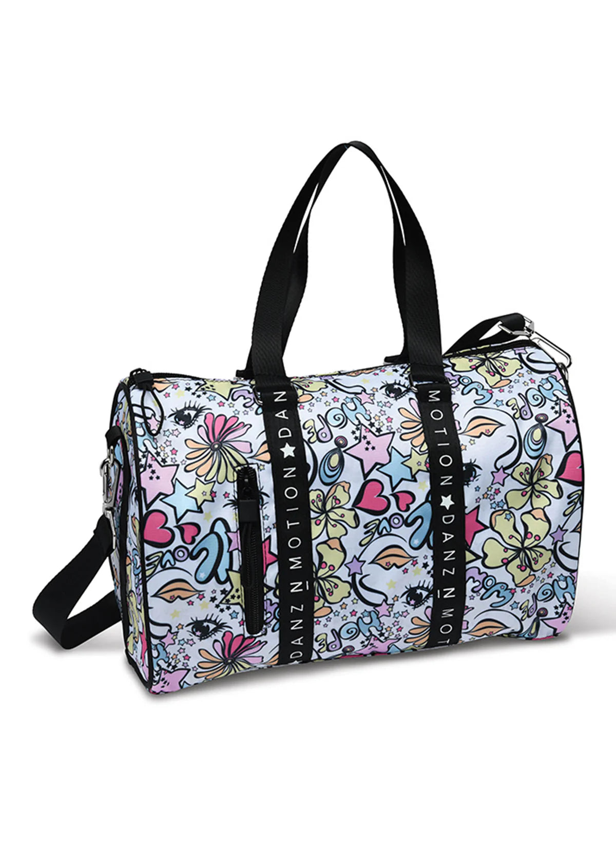 Danz N Motion stars and flowers patterned duffel bag with black straps.
