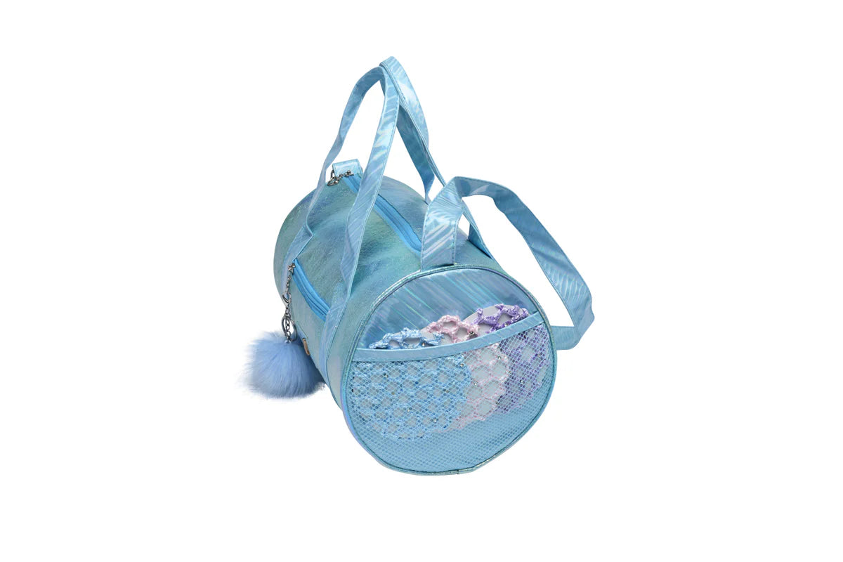 Danz N Motion Blue iridescent duffel bag with a pom-pom charm and side mesh pocket.