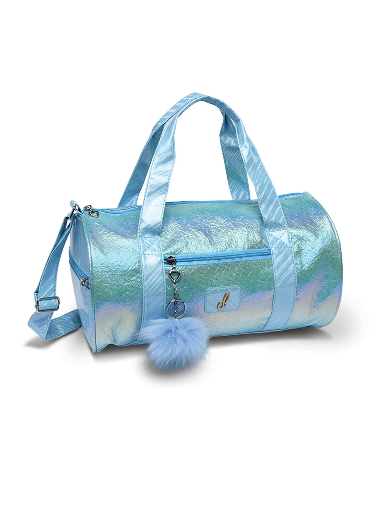 Danz N Motion Blue iridescent duffel bag with a pom-pom charm.