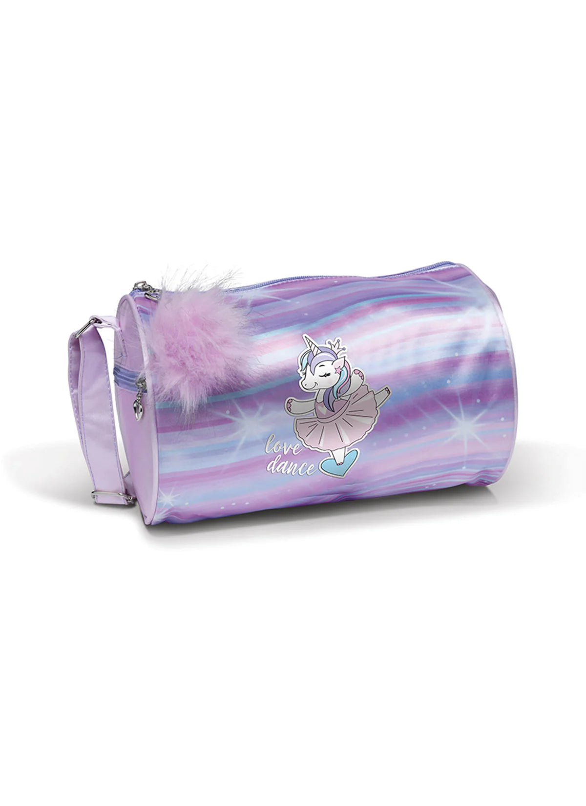 Danz N Motion purple, pink, and blue love dance unicorn duffle bag.