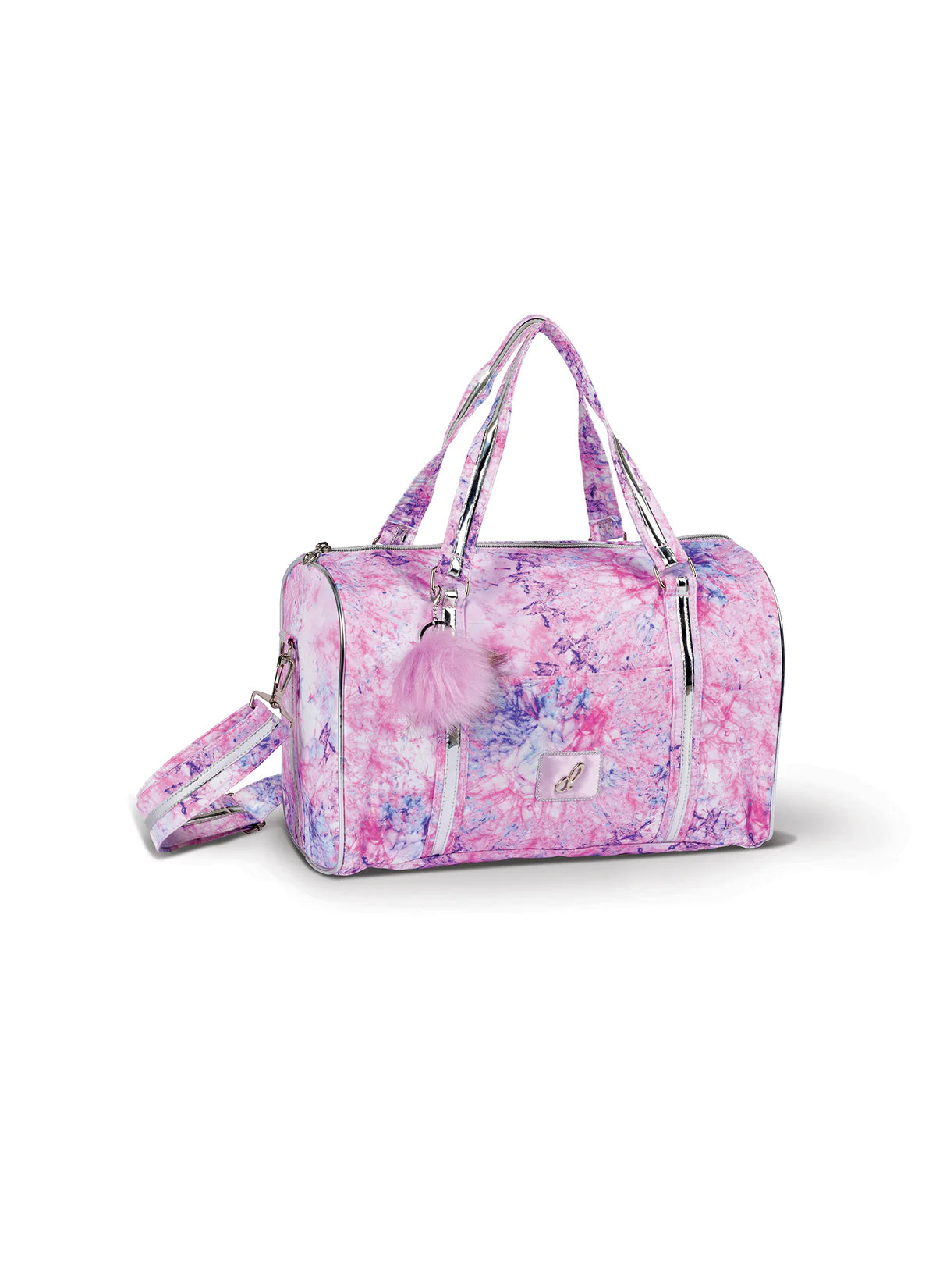 Pink and purple swirled duffle bag.