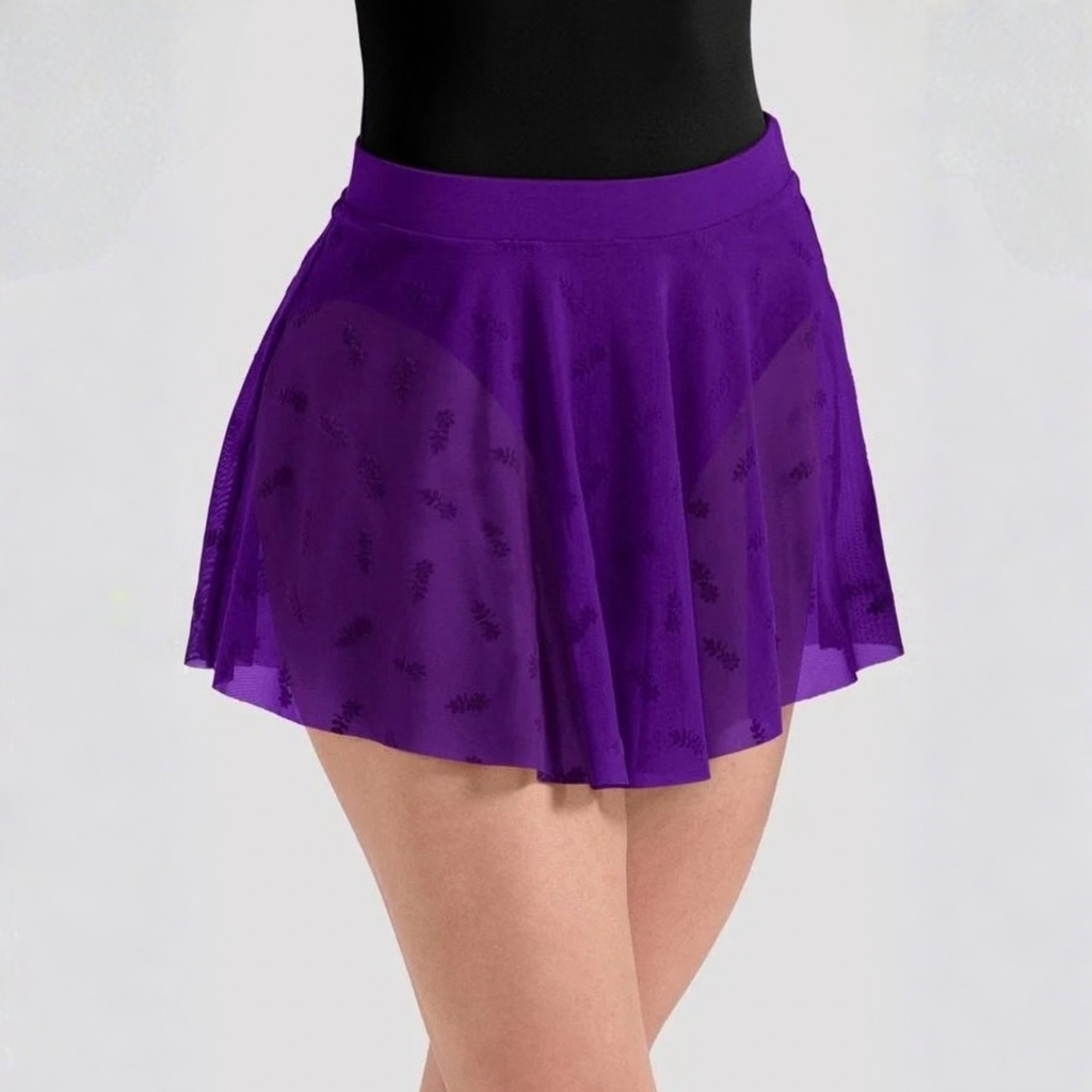 Bloch adult dark purple elastic dance skirt with floral embroidery. 