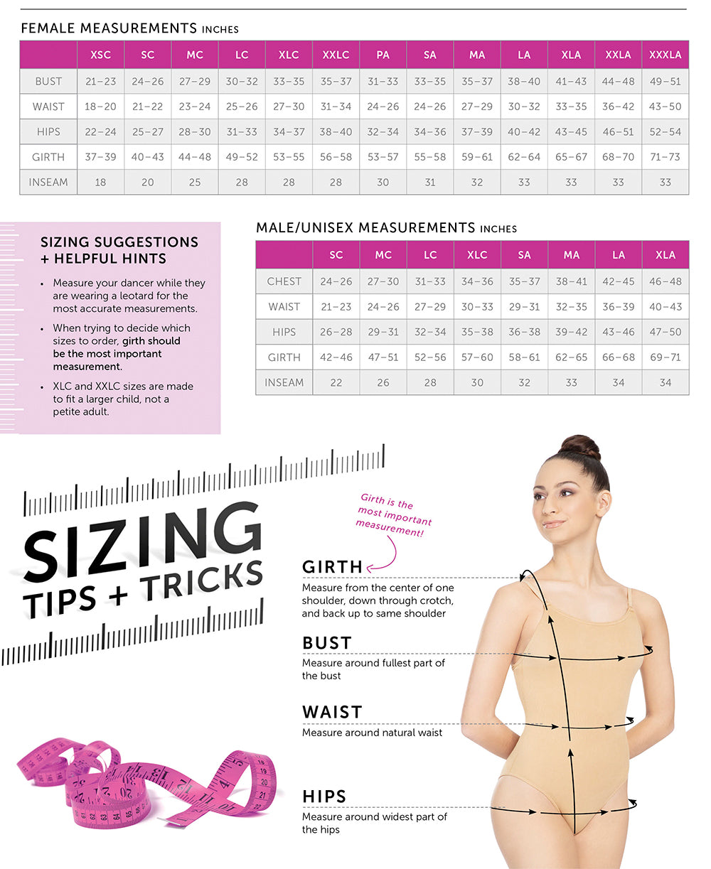 Measurement chart for women with sizing suggestions and a diagram of body measurements.