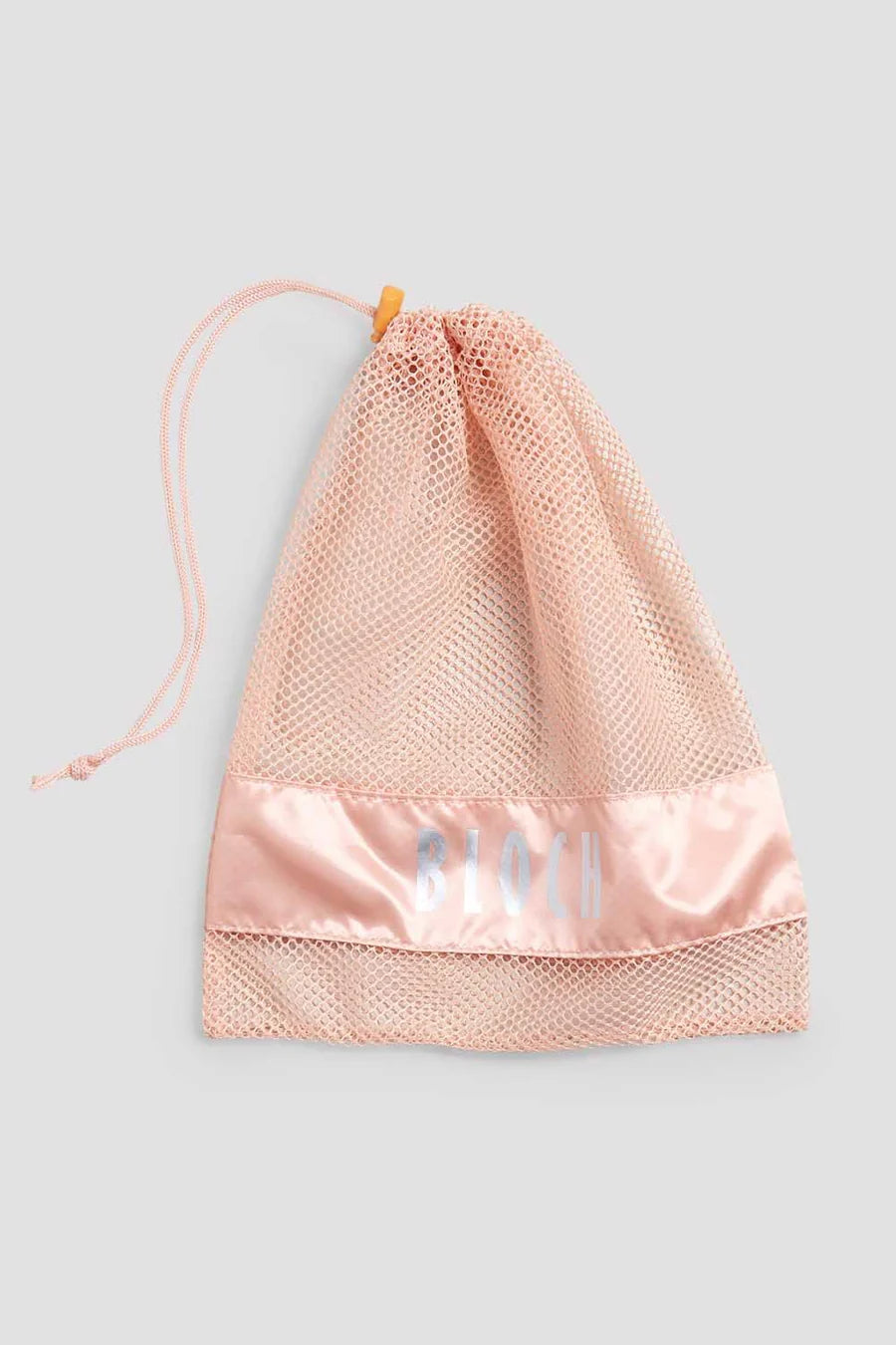 Pink mesh drawstring bag with BLOCH branding in light gray font.