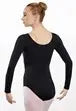 Young girl wearing a black long-sleeve leotard (scoop neck back) on a white background