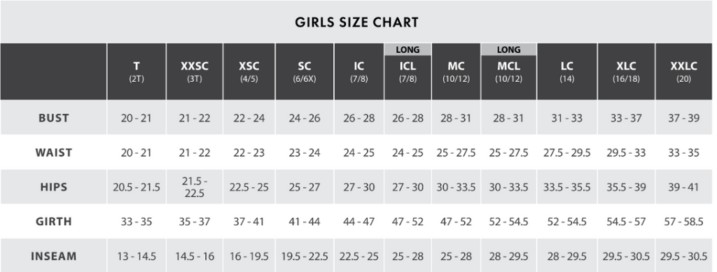 Girls size chart for clothing with measurements in inches and centimeters.