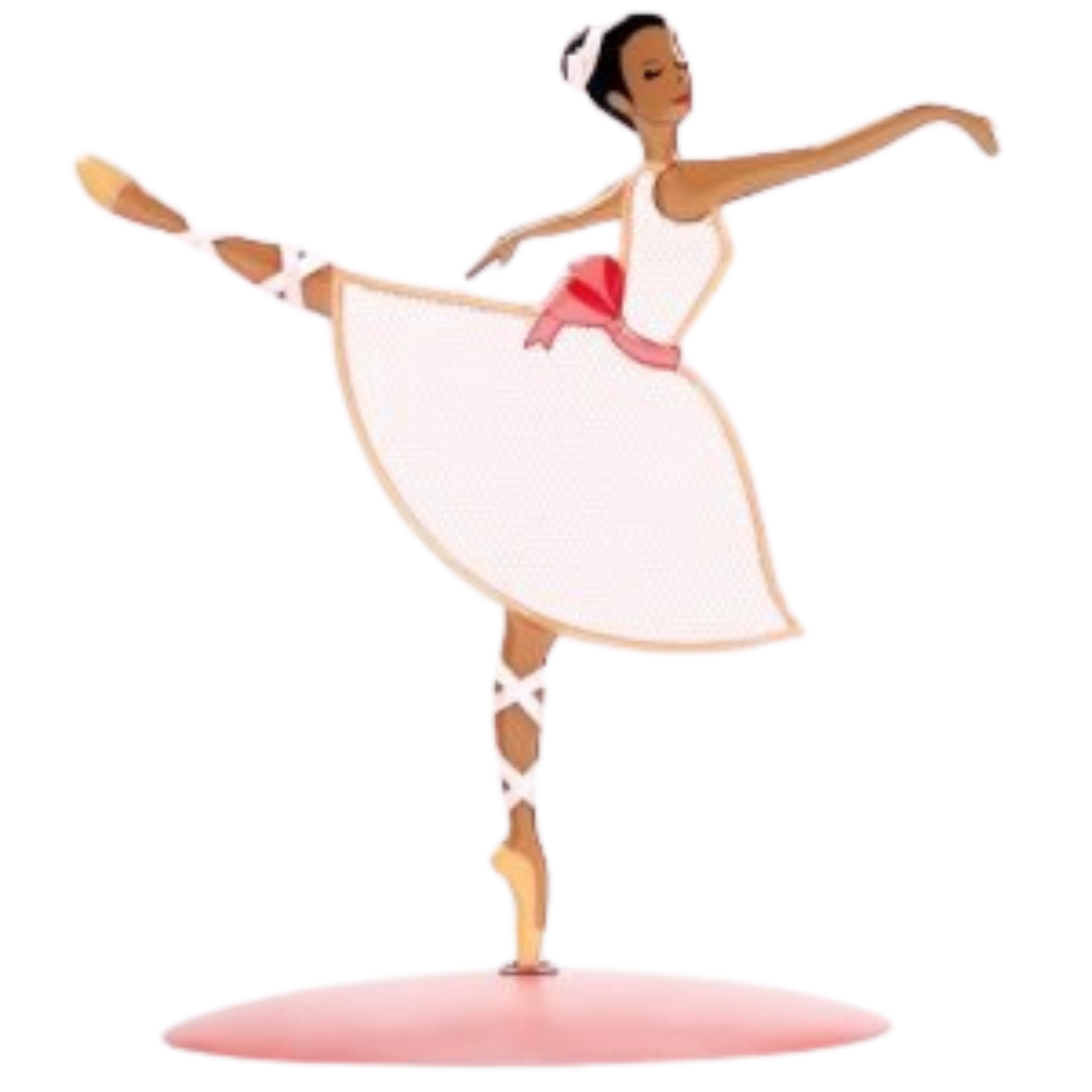 Black or Brown skin toned ballerina with white outfit, pink bow, and white hair tie jewelry stand. 